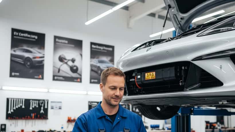 Dansk elbil-mekaniker med diagnostiktablet inspicerer batterisystem på løftet elektrisk bil i moderne Københavns-værksted