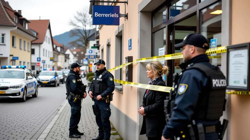 Polizisten sichern den Eingang einer Bankfiliale in einer deutschen Kleinstadt nach einem Überfall