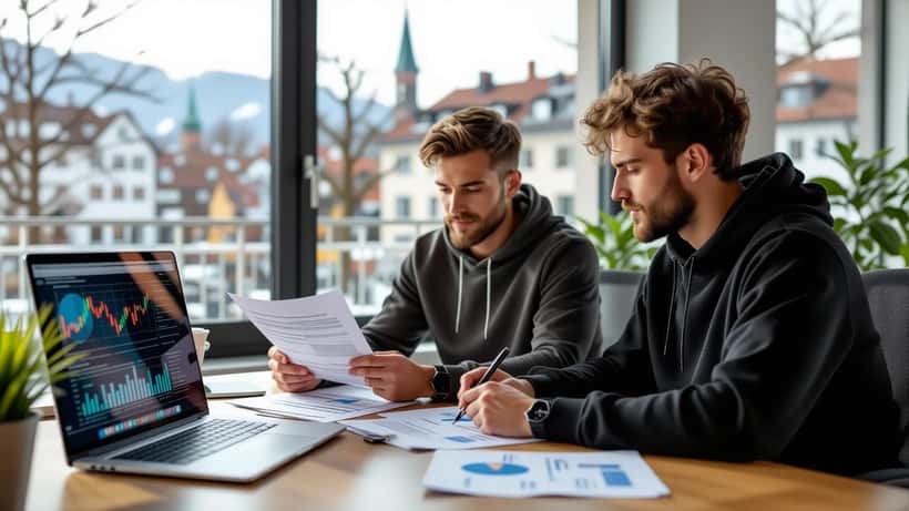 Vermögensberater bespricht Anlagedokumente mit jungem Profisportler im Büro