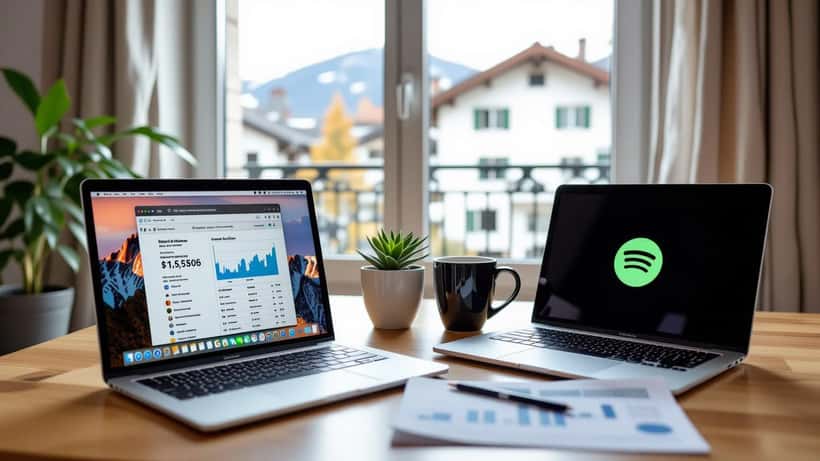 Consommateur suisse examine une facture Spotify augmentée avec ordinateur portable, Zurich