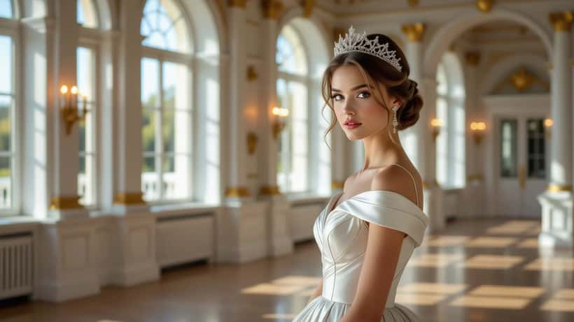Nuori kruununprinsessa valoisassa palatsihuoneessa, symboloi vastuuta ja nuoruutta