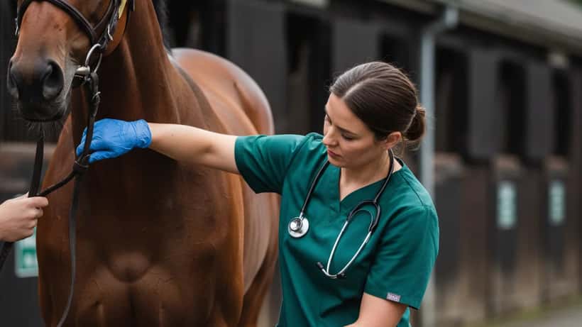UK equine vet performing pre-race leg examination on a thoroughbred horse at a racing yard near Liverpool