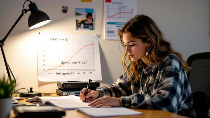 Élève de terminale révisant la radioactivité avec un graphique de décroissance et un tableau périodique