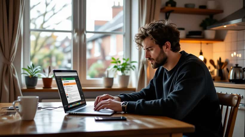 Man looking frustrated at a laptop showing a refused bookmaker payout, UK kitchen setting