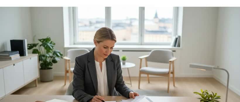 Svensk advokat på kontor som granskar bilköpekontrakt och finansiella dokument