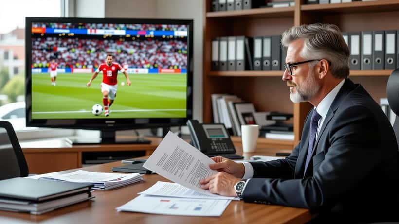 Advocaat in Amsterdam bespreekt uitzendrechten NOS voor WK 2026 bij televisie met voetbalwedstrijd