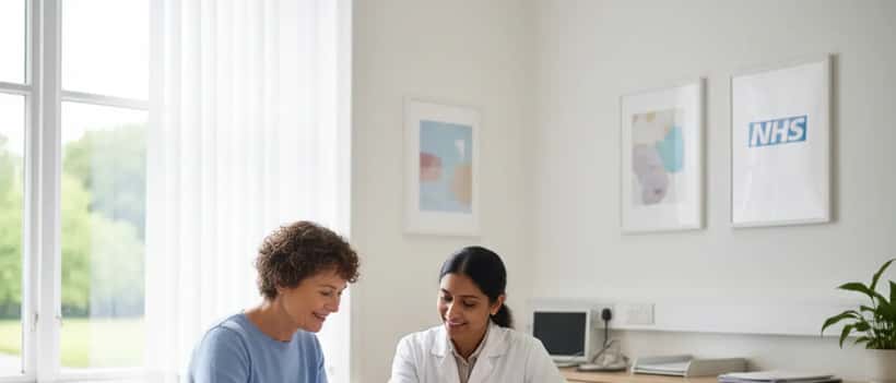Middle-aged British woman in consultation with a female oncologist in a bright NHS consulting room, reviewing medical documents together