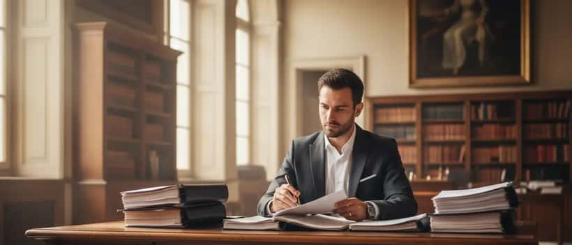 Avocat en costume révisant des documents de dossier pénal dans un tribunal français
