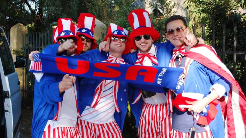 Team USA soccer fans cheering at World Cup 2026 match in stadium showing American spirit