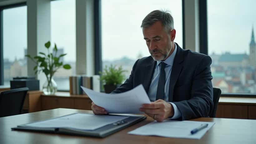 Advokat gennemgår en ansættelseskontrakt ved et skrivebord i et moderne kontor