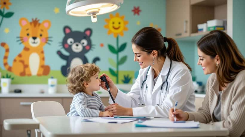 Pediatra examinando criança com otoscópio em consulta pediátrica em Lisboa