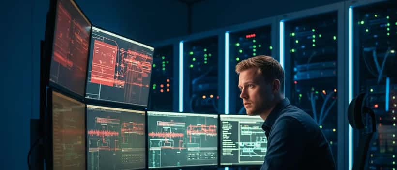 Nederlandse IT-beveiligingsspecialist analyseert cyberaanvallen op messaging-apps in een Amsterdams operatiecentrum
