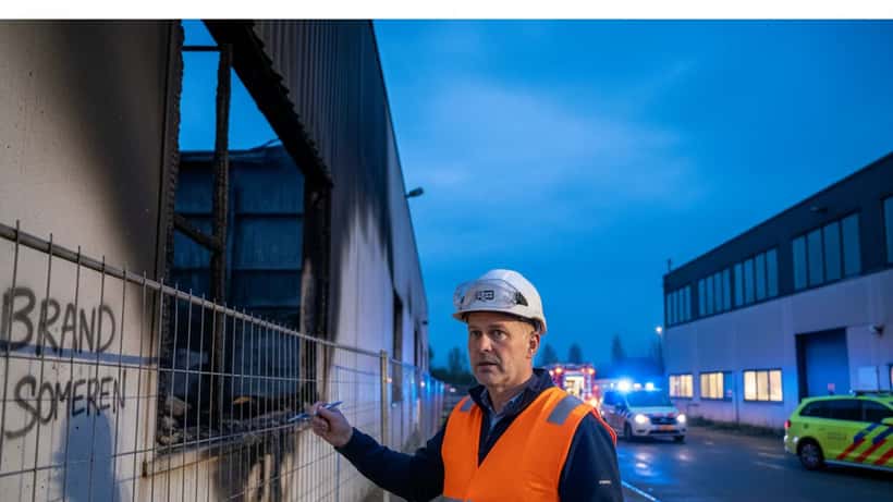 Bouwkundige expert inspecteert brandschade aan een industrieel pand in Someren