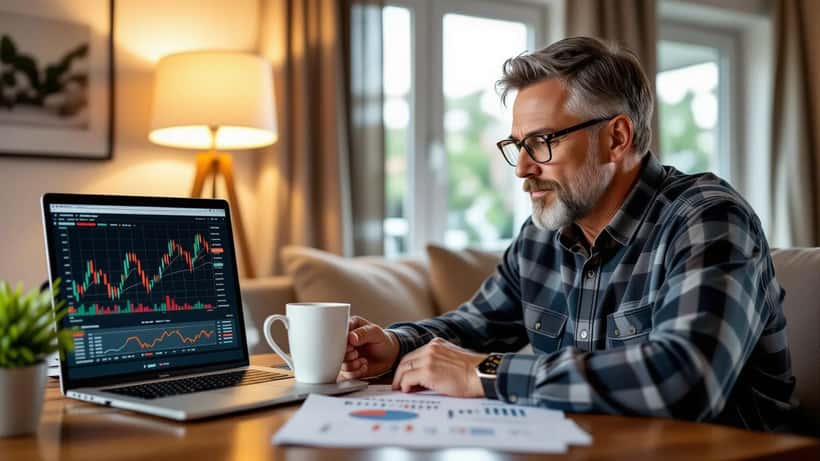 Investor reviewing a falling stock chart and portfolio allocation sheet at a home desk