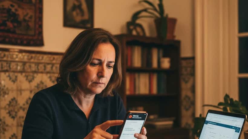Mulher portuguesa preocupada a verificar transação suspeita no telemóvel