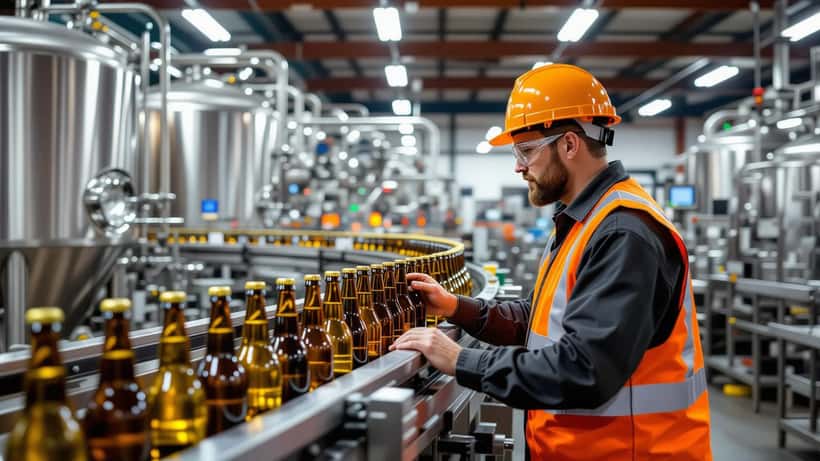 Canadian brewery worker inspecting beer bottles on production line, Guelph Ontario