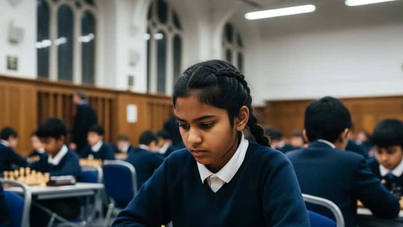 Young chess player concentrating over a tournament board in a London chess hall