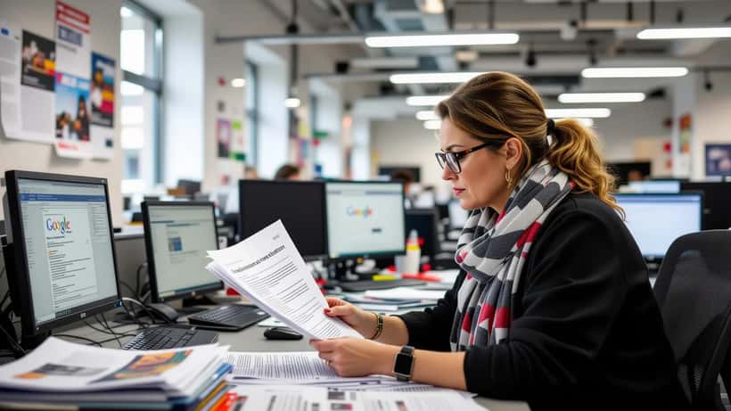 British journalist in London newsroom reading redundancy notice with Google AI overview on laptop screen