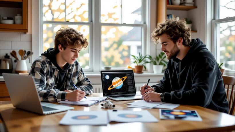 Tutor helping a teenage student with a space physics worksheet at a kitchen table with a small model rocket