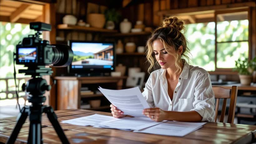 Mulher brasileira analisando contrato de participação em reality show em ambiente rural