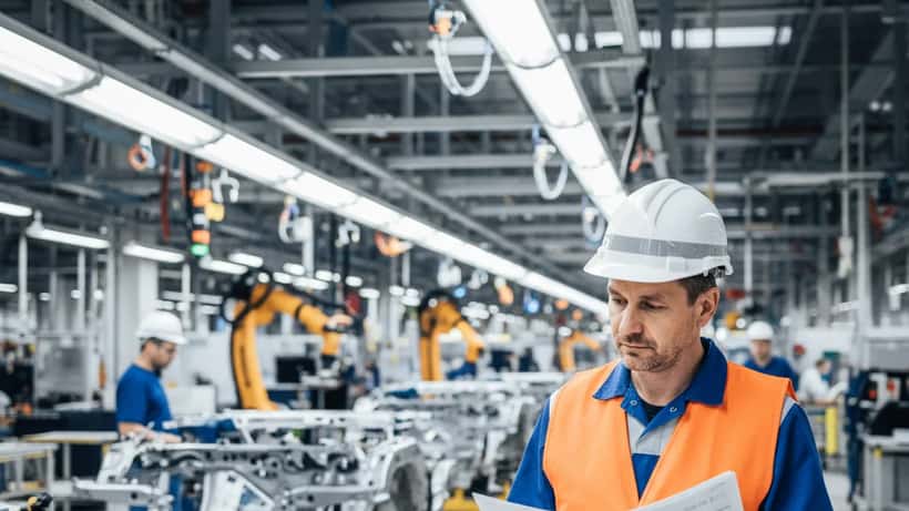 Deutscher Automobilingenieur mit Schutzhelm an Audi-Produktionslinie für Elektrofahrzeuge