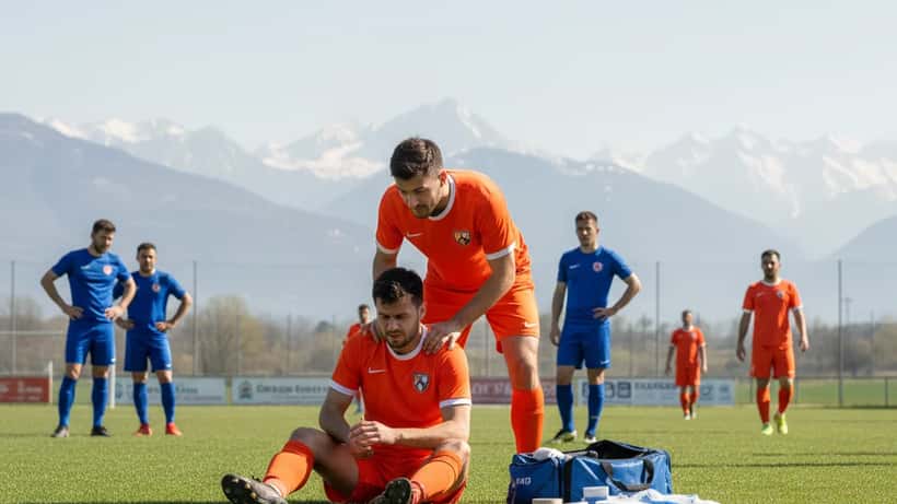 Giocatori di calcio amatoriale su un campo in Friuli, uno aiuta l'altro con un infortunio alla coscia
