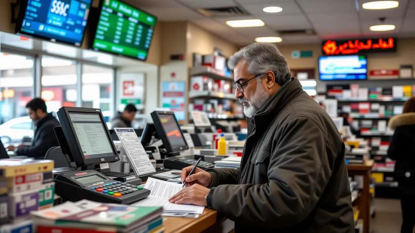 Man completing an international money transfer form at a currency-exchange counter in Toronto