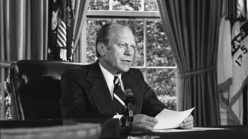 President Gerald Ford announcing his decision to grant a pardon to former President Richard Nixon at the White House