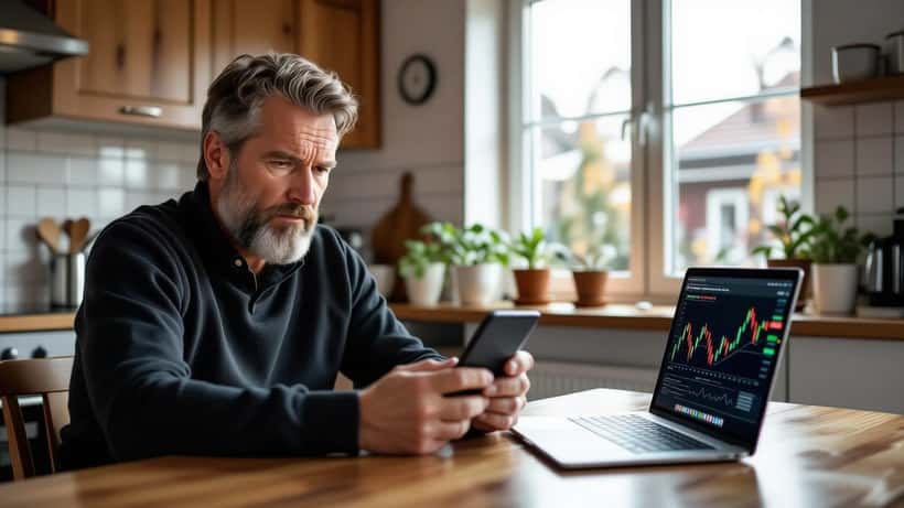 Bekymret nordmann ser på en falsk investeringsannonse på mobilen ved kjøkkenbordet