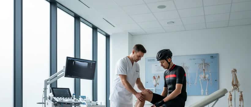 Ein Sportmediziner untersucht in einer Klinik das Knie eines Radfahrers in Rennradkleidung