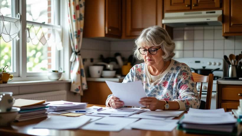 Woman reviewing DWP decision letter at kitchen table with official benefit forms