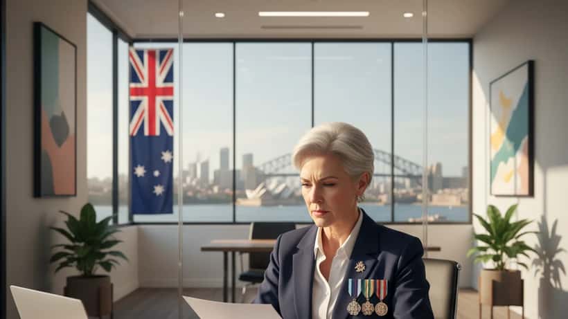 Australian woman with service medals reviewing legal documents in a Sydney law office