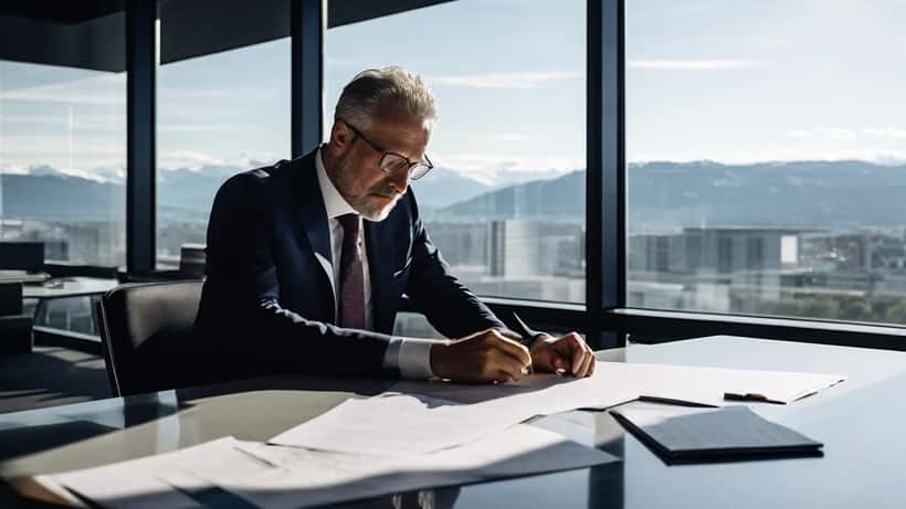 Homme d'affaires suisse signant des documents de transition de direction dans une salle de conférence à Zurich