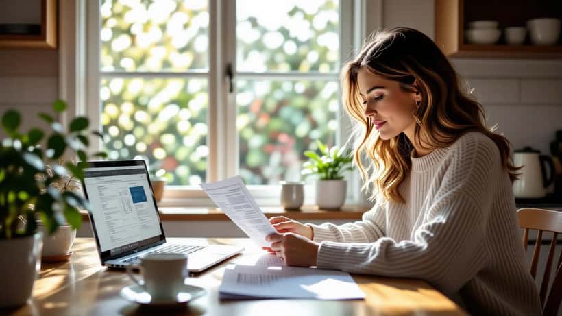 Australian woman reviewing a paper electricity bill and energy account at her kitchen table