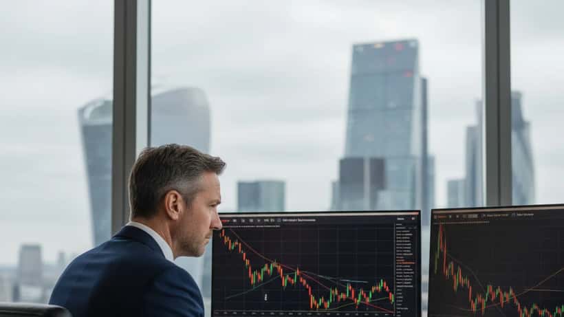 UK financial adviser reviewing declining stock market charts on dual monitors in London office