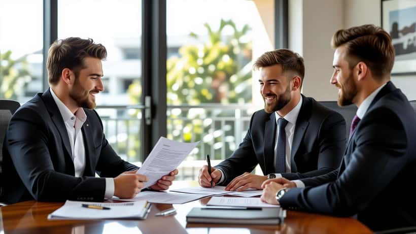 Young rugby league player reviewing a player contract with a sports lawyer in a Sydney office
