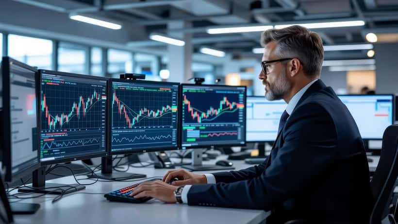 Finanzberater analysiert Brent-Rohölpreischarts auf Tradingscreens in Frankfurter Büro