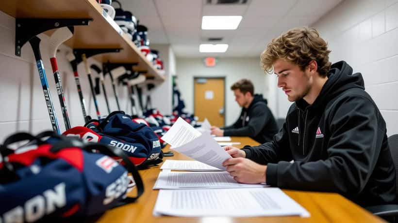 Joven atleta revisando contrato deportivo en corredor de estadio NHL