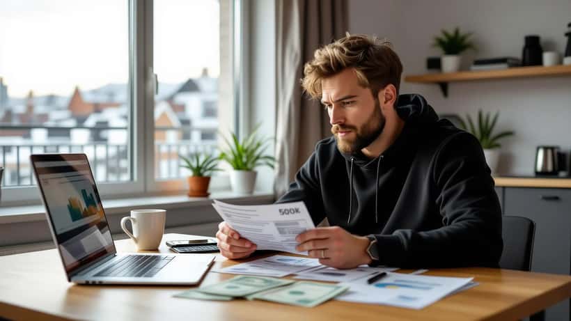 Norsk mann i 30-årene studerer finansdokumenter og sedler ved Skandinavisk skrivebord i Oslo