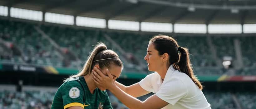 An Australian female footballer sits on the sideline with a sports physiotherapist assessing a possible concussion injury