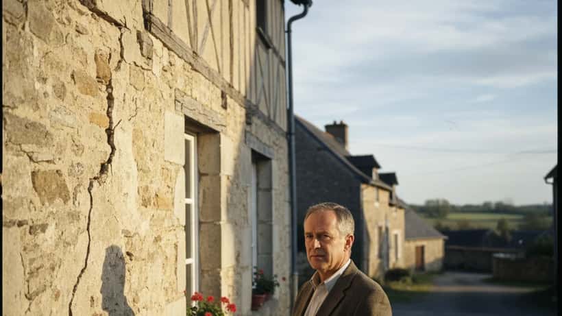 Expert en assurance examinant des fissures sur la façade d'une maison après un séisme en Eure-et-Loir