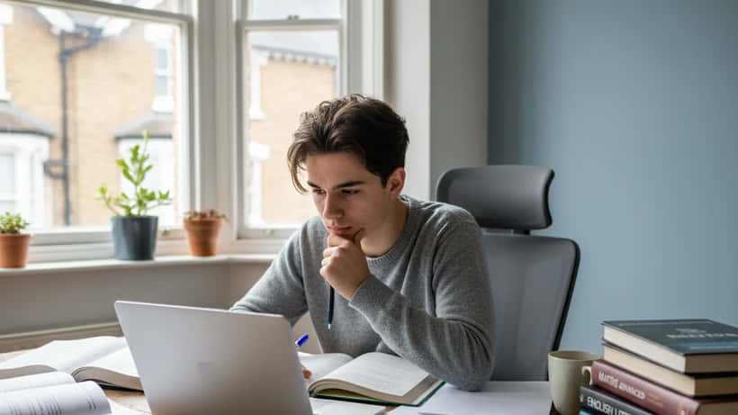 A British student studying at a desk in the Middle East, revising for GCSE exams