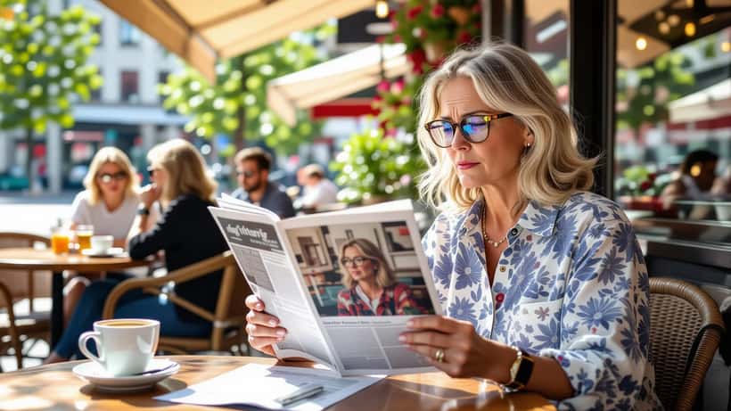 Kvinne på fortauskafé peker bekymret på bildet sitt i en tabloidavis