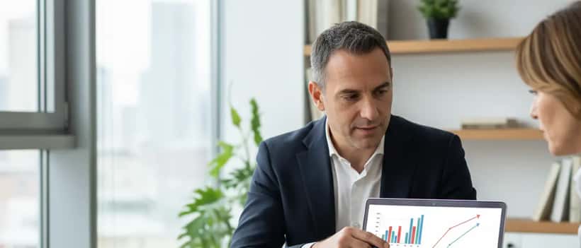 Consulente finanziario italiano che spiega un piano di investimento a un cliente in ufficio