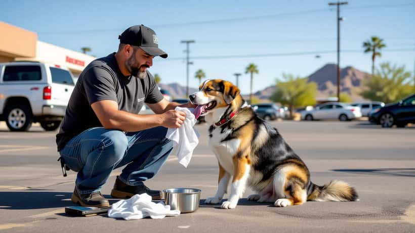 Dueño latinoamericano enfriando a su perro en el estacionamiento bajo el sol de Phoenix en verano