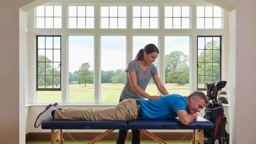 British man in golf attire being assessed by a sports physiotherapist at a golf club, lower back examination, natural clubhouse lighting