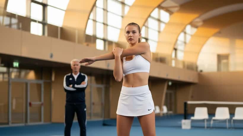 Junge österreichische Tennisspielerin beim Schulteraufwärmen auf einem Hallenplatz in Linz