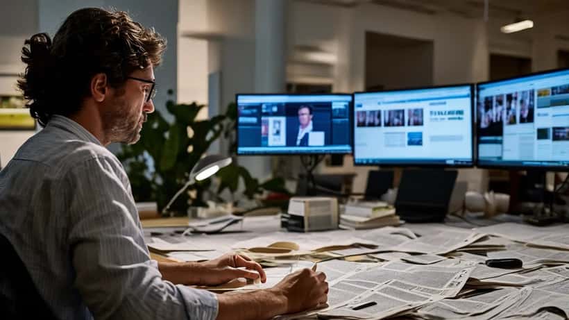 Jornalista português em redação de Lisboa a analisar documentos legais