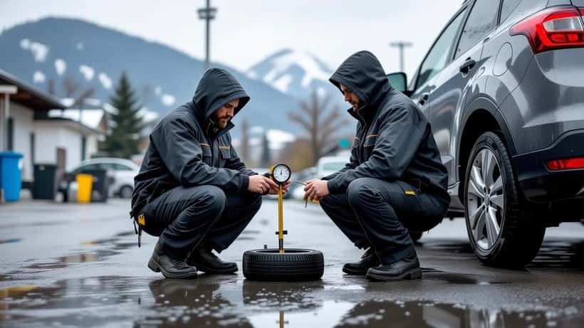 Mécanicien mesurant la profondeur de sculpture d'un pneu sous la pluie dans un garage suisse