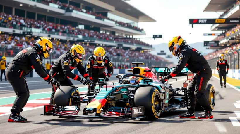 Formula 1 pit crew mechanics performing a tire change on a hybrid F1 car at Circuit de Catalunya Barcelona during the 2026 Spanish Grand Prix